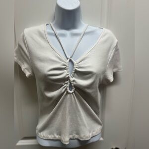 AMERICAN EAGLE Keyhole Tie-Front Tee~L~AE Knit STRETCH Shirt Top White